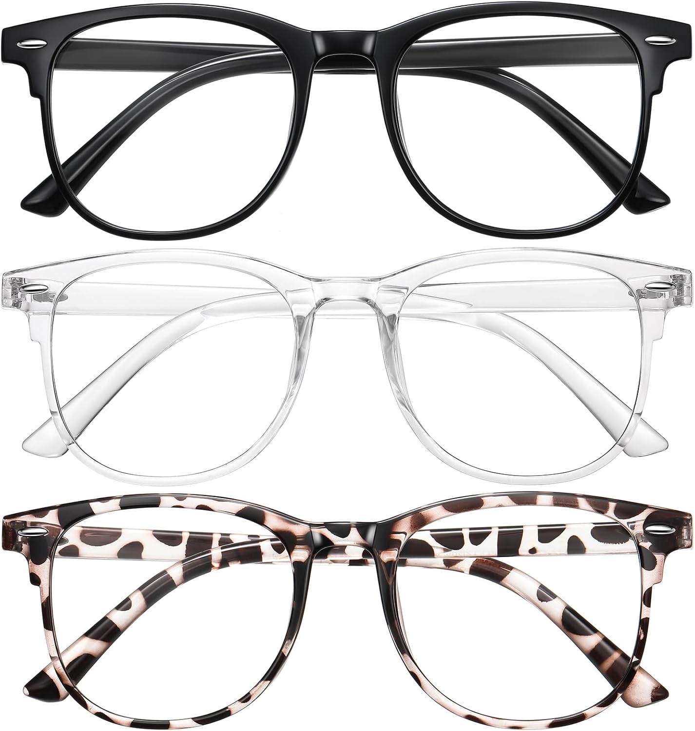 Ougenni 3 Pack Blue Light Blocking Gla-sses for Women Men, Round Computer Gla-sses Anti Eye StrainUVGlare Gaming Gla-sses Fashion Frame Fake Eyegla-sses with Clear Lens