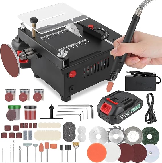 Mini Table Saw, Rechargeable Multi functional Portable Adjustable | Cutting | Sanding | Engraving | Drilling | All-in-One Machine, Precision Table Saw 7 Levels of Speed Adjustment
