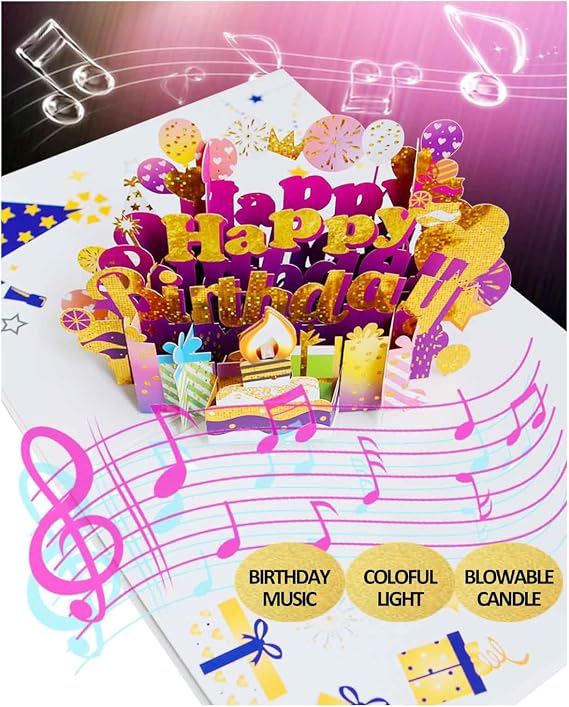 3D Pop Up Happy Birthday Cards, Musical Birthday Cards for Women, Men, Mom, Girl, Wife, Husband, Sister, Glitter Birthday Cake Blowable Candle LED Light, Birthday Decorations Gifts