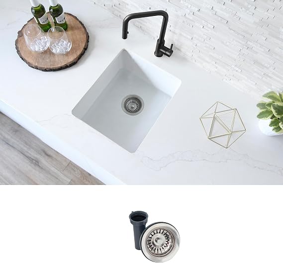 Stylish 15.5 x 17.5 Inch Composite Granite Kitchen or Bar Sink, Single Bowl Under Mount & Drop in, 8.5 in Deep, Rear-Center Drain, with Strainer, White, S-816H