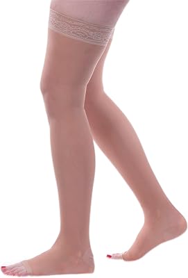 Allegro Comfortable Essential Compression Stockings, Thigh High Open Toe Support for Women with Compression Relief 20-30mmHg, 9 Sheer Support Hose
