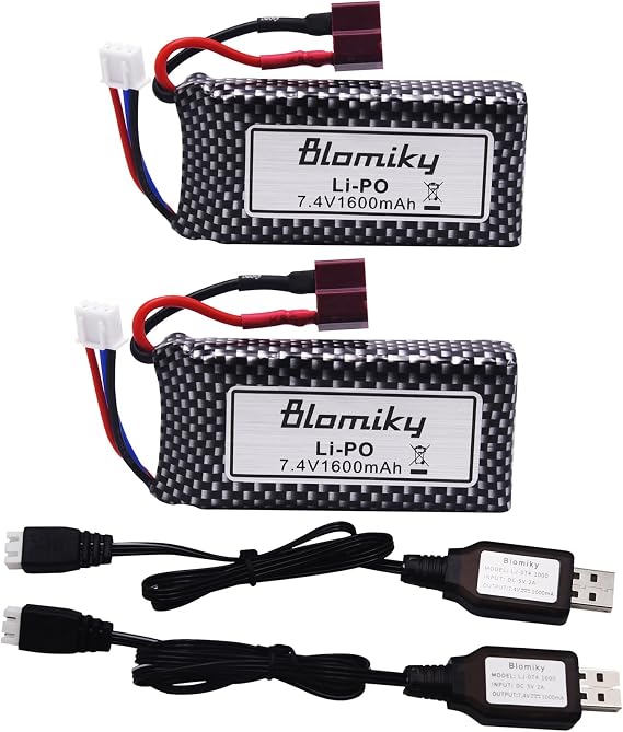 Blomiky 2 Pack 11.84Wh 7.4V 1600mAh Li-po Rechargeable Battery and USB Cable Suitable for Some 1/10 1/12 Scales RC Truck Cars 25-DJ02 / 7.4V 1600mAh 2