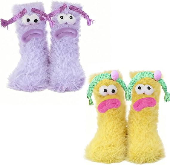 2 PCS Warm Fuzzy Sock Set, Plush Sock for Womens Novelty Fluffy Socks Cute Cartoon Image Funny Socks Women Suitable for Gifting to Family Partners children and Friends
