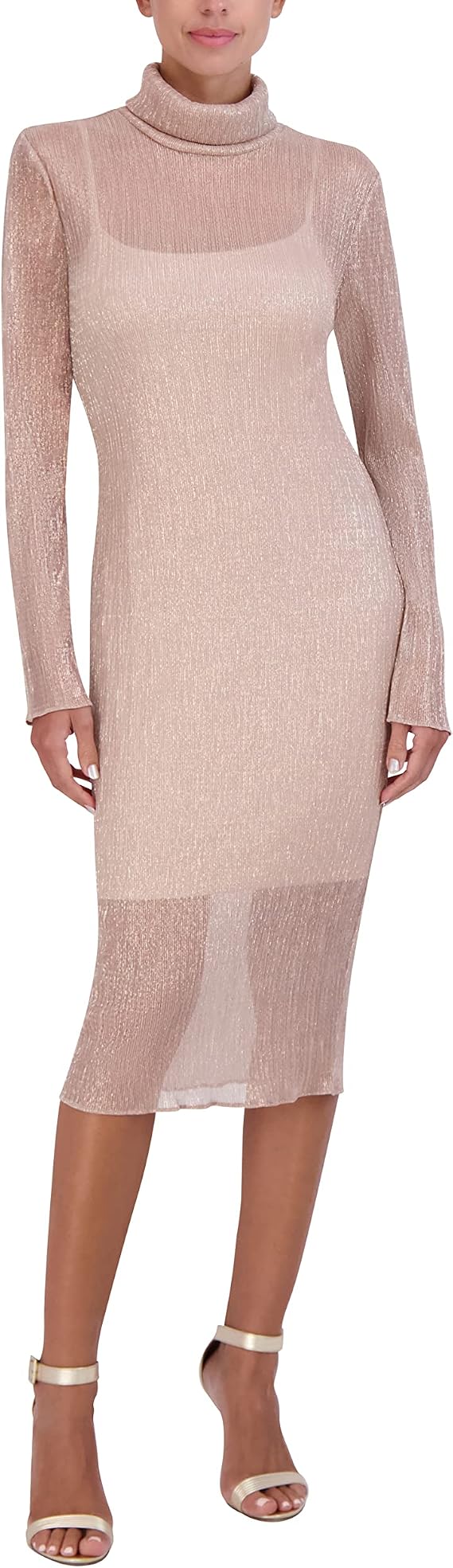 BCBGMAXAZRIA Womens Fitted Bodycon Midi Dress Long Sleeve Mock Neck Pleated Glitter MeshDress