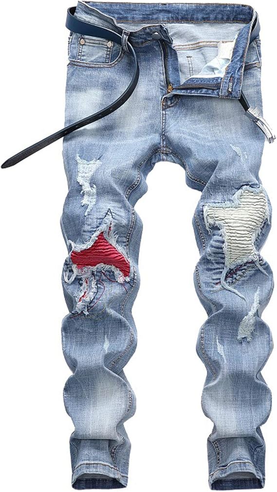 Men's Streetwear Distressed Washed Stretch Ripped Biker Jeans Denim Pants
