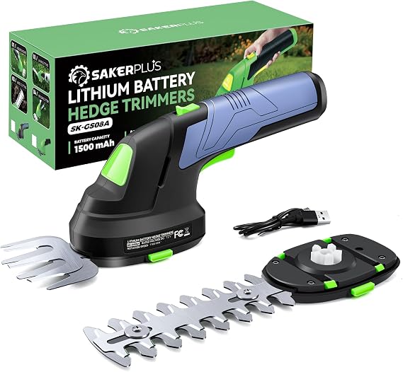 SakerPlus Cordless Grass Shears & Hedge Trimmer - 2-in-1 7.2V Electric Bush Trimmer, Lightweight Handheld Grass Cutter, Rechargeable Shrub Trimmers with Type-C Cable Included for Yard, Lawn & Garden