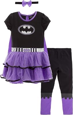 WARNER BROS Justice League Supergirl Batgirl Costume Dress Leggings Cape and Headband 4 Piece Set Newborn to Big Kid