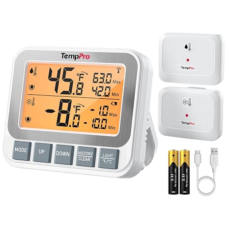 TempPro TempAir Wireless Freezer Fridge Thermometer with Alarm | High Accuracy and Rechargeable Refrigerator Thermometer with Backlit LCD Display,Battery Included