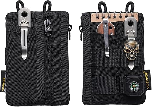 VIPERADE VE18N-M EDC Pouch, Pocket Wallet with 3 EDC Slots+2 Zipper Pockets, 1 Large Pocket for Notebook or Cellphone, Slim EDC Pocket Organizer for Men (Black)