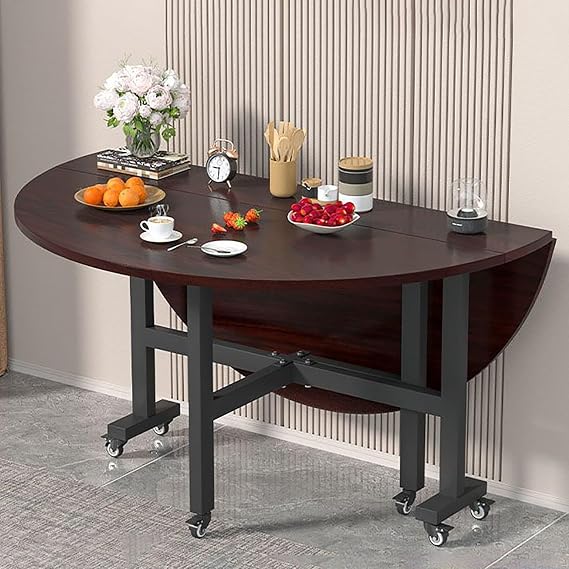Mobile Round Folding Dining Table, Wooden Extendable Dining Table, Collapsible Drop Leaf Tables with 6 Wheels, Sturdy Metal Frame, Mobile and Stable, Space Saving(Brown,110x76cm/43x30in)
