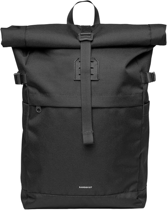 Sandqvist Men's Icon Medium Rolltop Backpack, Black With Black Leather, One Size