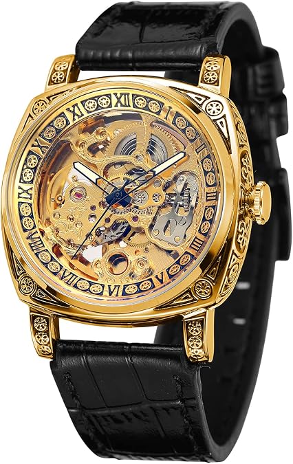 FORSINING Men's Fashion Hollow Watch Automatic Mechanical Watch Glow-in-The-Dark Waterproof Clock Leather Strap