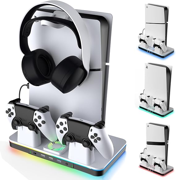 PS5/Slim/Pro Stand for Disc & Digital Console, PS5 Cooling Station with Controller Charging Station for PlayStation 5, PS5 Accessories, USB HUB 3.0, 2-Level Fan, RGB LED Light, Headset Holder