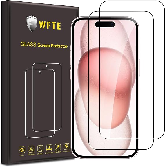 WFTE 2-Pack Tempered Glass for iPhone 15/iPhone 15 Pro Screen Protector,9H Hardness,Anti-Scratch,Anti-Fingerprint,Bubble-Free,HD Clear,Premium Protective Film for iPhone 15,Case Friendly