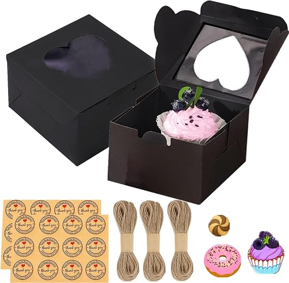 50 PCS Mini Bakery Boxes - 4x4x2.5 Inch - Windowed - Perfect for Cupcakes, Donuts, Strawberries, Muffins (Black)
