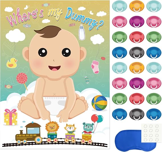 FEPITO Baby Shower Party Games, Pin the Dummy on the Baby Game with 24Pcs Pacifier Stickers for Baby Shower Party Supplies