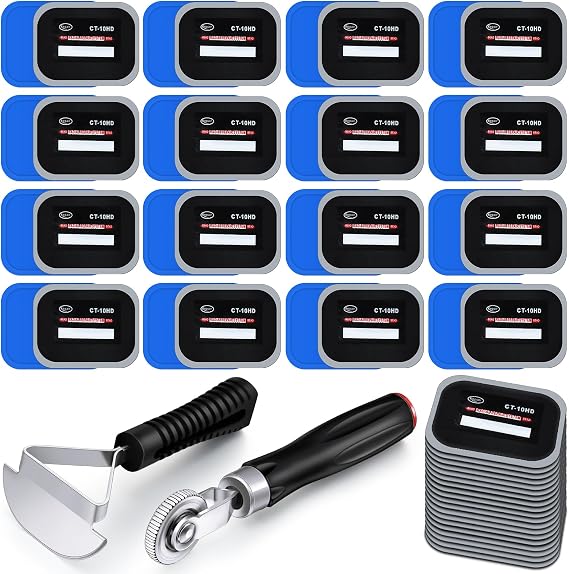 Pushglossy 22 Pieces Tire Repair Patch Tool Kit Including 2.56 x 3.15 Inch Square Rubber Tire Patches, Tire Patch Roller and Inner Liner Scraper for Auto Car Truck Motorcycle Bike Tire Repair Tool