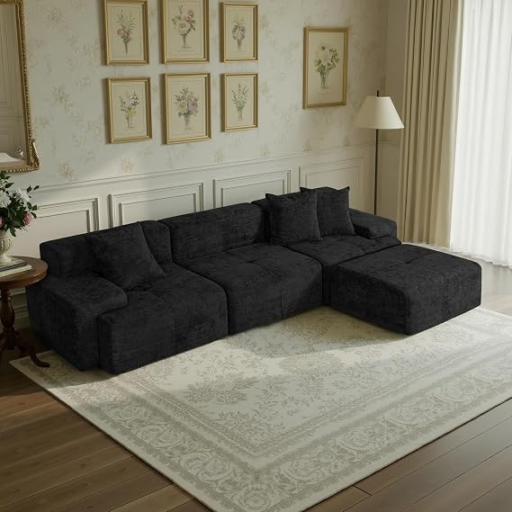 117" Modular Sectional Sofa Couch, Chenille Upholstered Boneless Couch, Oversized L-Shaped Cloud Sectional Couch with Ottoman & Deep Seating, No Assembly, Black