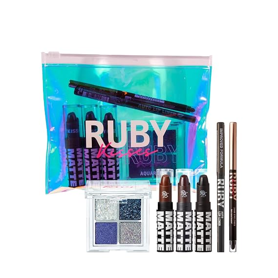 Ruby Kisses Limited Edition Bold Makeup Kit 3 Mattest Matte Lipsticks, Glitter Gem Palette, Waterproof Eyeliner, Auto Lip Liner & Holographic Pouch