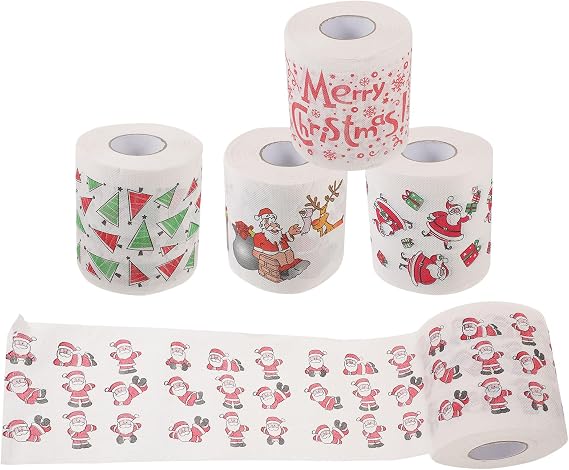 HEALLILY 5 Rolls Merry Christmas Toilet Paper Santa Claus Funny Gag Gift Christmas Tree Toilet Tissue for Stocking Stuffers Party Favors
