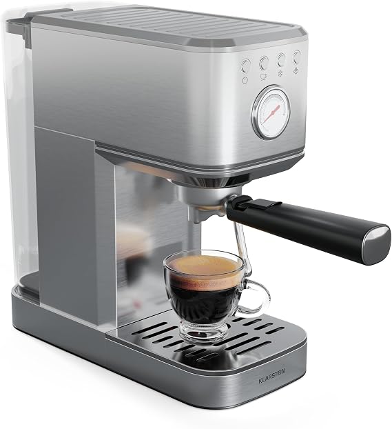 KLARSTEIN SteelPresso Slim Espresso Machine – 20-Bar, 1350W, with Milk Frother, Compact Design, 1.2L Water Tank, Stainless Steel, Easy Operation & Cleaning, Barista Quality