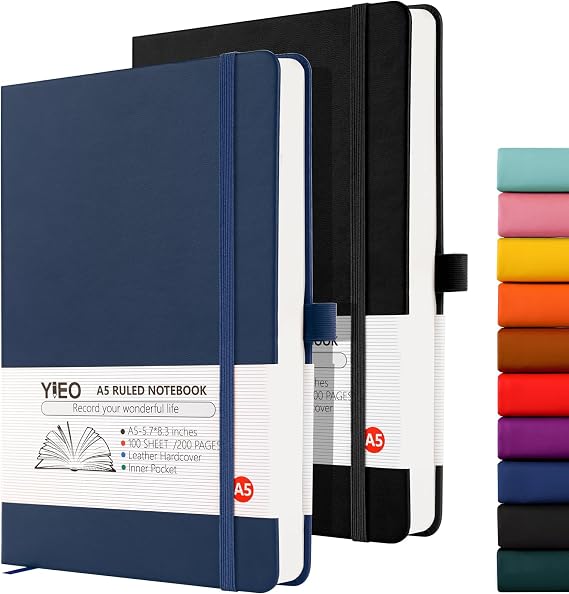 Notebook A5, 2 Pack Hardback Journal Notebook with 398 Lined Pages 80 GSM Leather Notepad with Bookmark, Pen Loop and Expandable Paper Pocket, for Office School Supplies (Black+Blue)