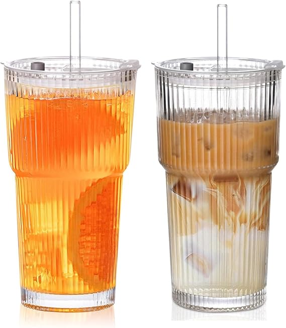 20oz Iced Coffee Cups with Lids,Coffee Bar Accessories, 2 Piece Ribbed Glass Cups with Lids and Straws, Vintage Glass Tumbler with Straw, Thicked Wall Drinking Glasses Ideal for Coffee