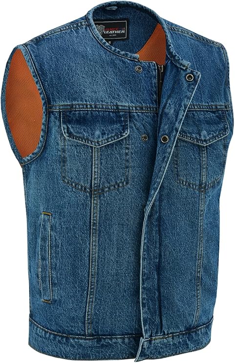 Vance Leather Men's Denim Collarless Motorcycle Club Vest w Dual Front Closure & CCW Pockets
