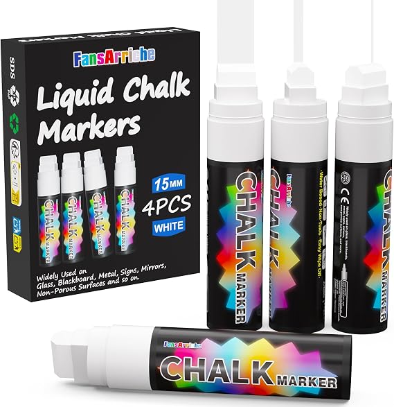FansArriche White Chalk Markers, 4 Pack 15mm Jumbo Car Window Markers | 3-in-1 Nib, Liquid Chalk Marker Erasable for Chalkboard, Blackboard, Glass, Signs
