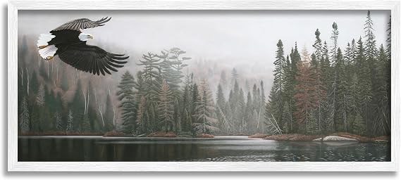 Eagle Soaring Over Lake Woodland Nature, 10 x 24 Inch Framed Giclee Print