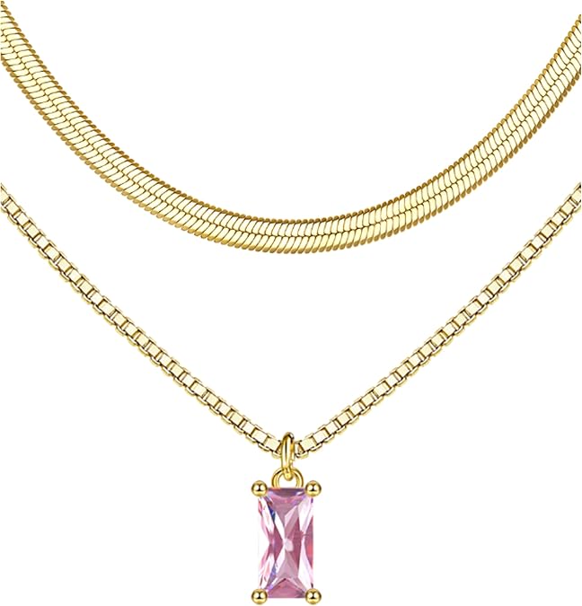 Gold Birthstone Layered Necklaces for Women - Dainty 14K Gold Plated Layered Necklace sparkling Green Diamond Pendant Necklace Simple Lightweight Gold Chain Necklace Set Stack Tarnish Free Gold Jewelry Necklaces for Women Trendy