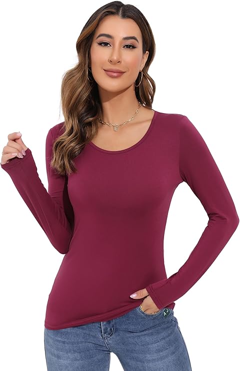Women's Long Sleeve T-Shirt Scoop Neck Rayon Slim Fit Stretchy Layer T Shirts Tops