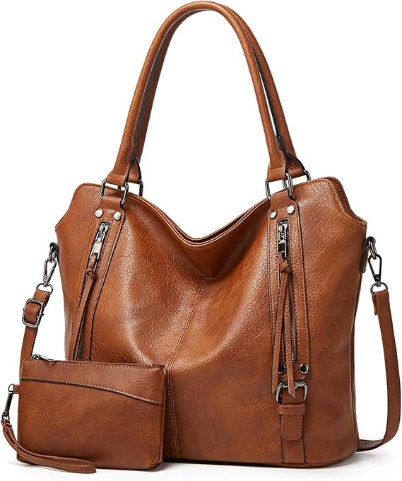 Aileese 2PC Set Tote Handbag for Women PU Leather Shoulder Bags Fashion Hobo Bags Large Purse and Handbags with Adjustable Shoulder Strap Brown