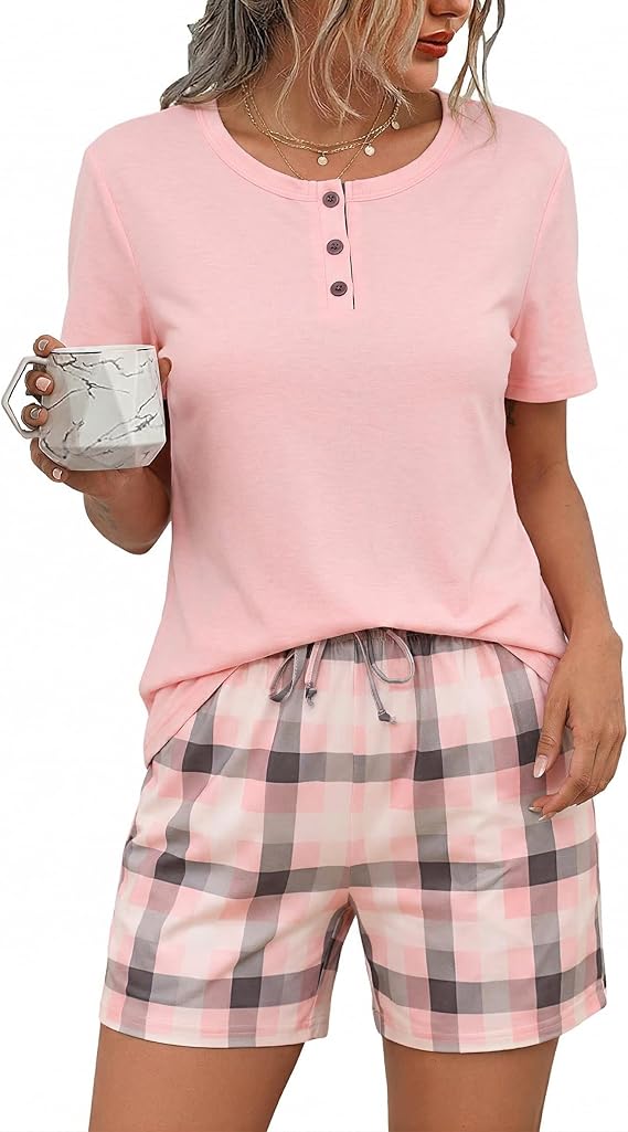 Litherday Womens Pyjamas Set Short Sleeve Cotton Summer Pjs for Women Nightwear Sleepwear Top and Heart Print Bottoms with Pockets