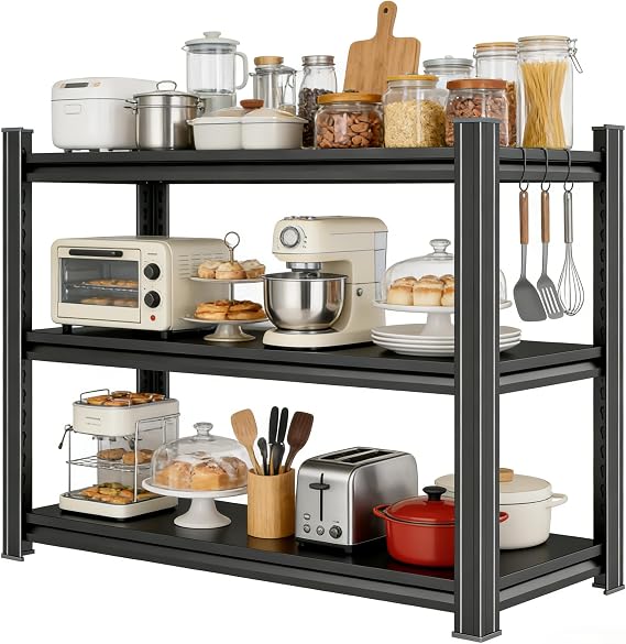 3-Tier Metal Shelving Adjustable Kitchen Storage Rack 28" W x 32" H Metal Storage Shelf Black Shelving Unit 2000LBS Shelvs for Kitchen Pantry Basement