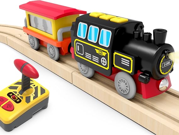 Remote Control Classic Steam Train Set 3-Piece Battery Operated Locomotive with Sound & Light, Fits Wooden Track Systems Magnetic Engine & Carriage Toys for Kids Ages 3+ (No Batteries)