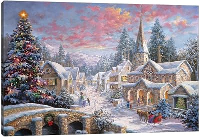 Christmas Wall Art - Christmas Canvas Painting, Winter Snow House Scene Pictures, Santa Sleigh Canvas Prints Gift for Room Decor, Christmas Snowman Framed Artwork for Home Wall Decor 18x24 Inches
