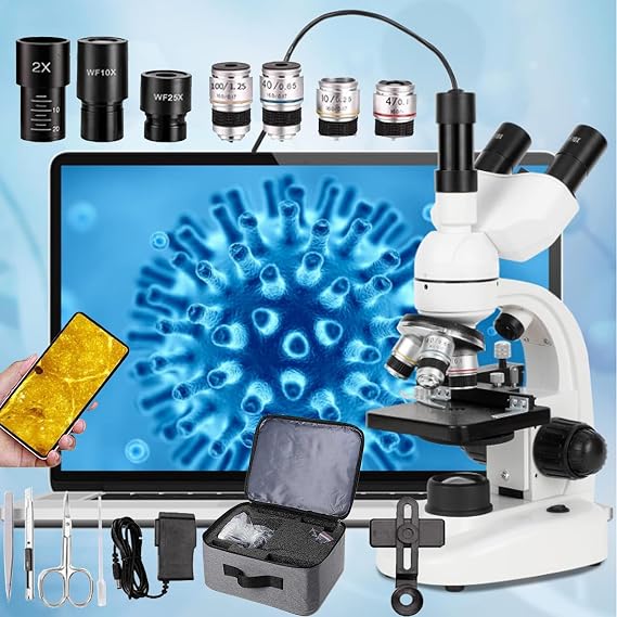 Trinocular Microscope, Compound Trinocular Microscope, Wf10x And Wf25x Eyepieces,40x-5000x Magnification, Led Illumination Two-Layer Mechanical Stage Microscopes For Adults,White