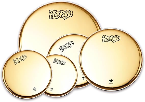Gold Drum Heads Set 5 Piece Drumhead Pack (10 12 14 16 22) Standard Single Ply Drum Heads for Drum Kit Replacement, Metallic Gold Drum Heads