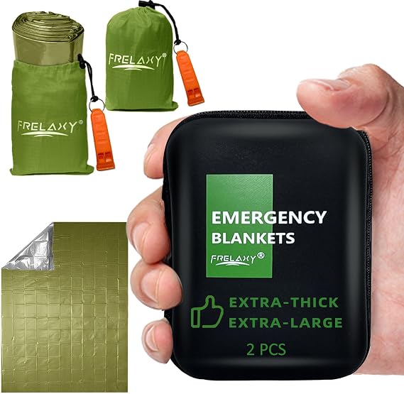 Frelaxy Emergency Blanket 2 Pack, Extra Thick Large Space Blankets | Emergency whistles included, EVA storage case, Heat reflective material, Lightweight compact design, Camping Survival gear