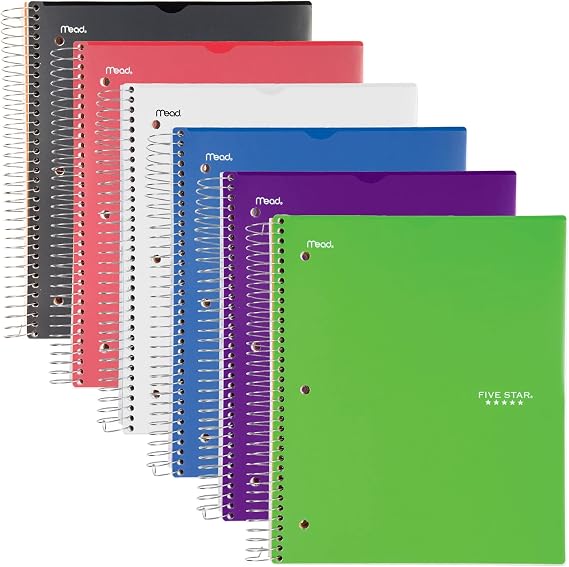 Mead Five Star Notebook + Study App - 5 Subject Notebook College Ruled - Water Resistant Customizable Cover - Spiral Notebook 8.5 X 11-200 Sheets - Assorted Colors - 6 Pack
