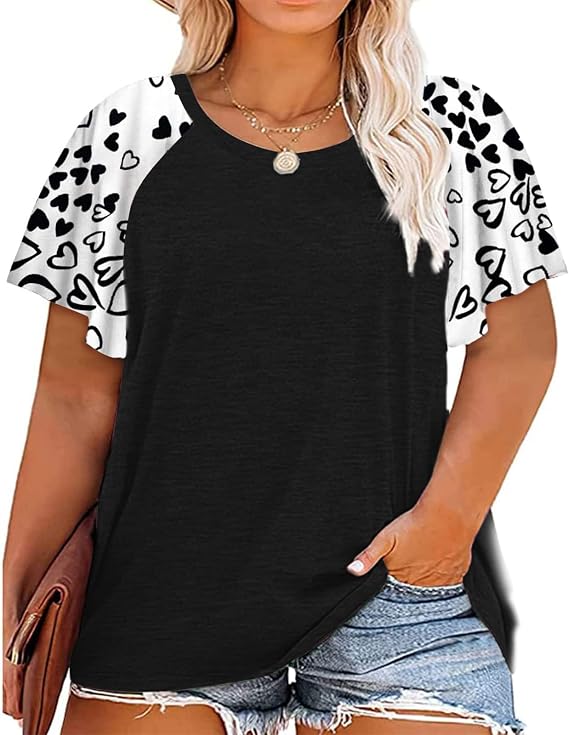 HDLTE Womens Plus Size Tops Floral Bell Sleeve Blouse Summer Casual T Shirt | Comfy Soft Short Sleeve Tops, Loose Crewneck Shirts 1X-5X, Color Block, Spring Clothes, Cruise Beach Vacation Leisure Outfits