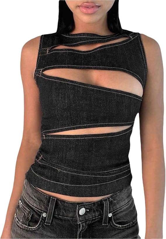 ZGMYC Womens Sexy Cutout Denim Tank Top Sleeveless Hollow Out Y2K Crop Tops Zip Back Bustier for Rave Festival