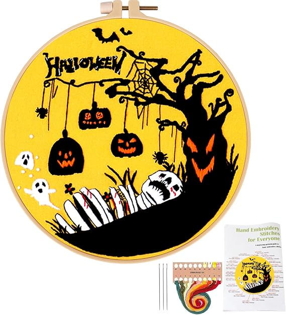 Topapfo Halloween Embroidery Kit with Tutorial, Beginners Adults Embroidery Pattern with Instruction Hoop Threads Needles