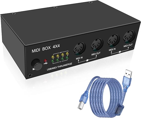 XMSJSIY USB MIDI Interface Box 4 In 4 Out 64 Channel MIDI Thru Box
