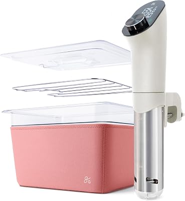 Greater Goods Pro Sous Vide Kit - An 1100 Watt, Powerful, Precise Sous Vide Cooker and Premium, Plastic Container with Sous Vide Rack, Lid, and Sleeve, Designed in St. Louis, Birch WhitePink