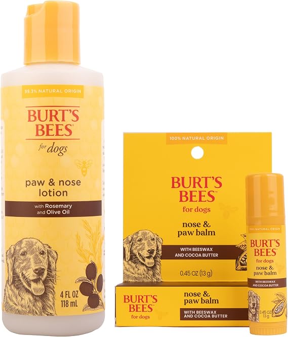 Burt's Bees for Pets Bundle - Paw & Nose Lotion with Rosemary & Olive Oil (4 oz) & Nose & Paw Balm with Beeswax & Cocoa Butter, Natural Moisturizers for Dry, Cracked Dog Paws & Noses