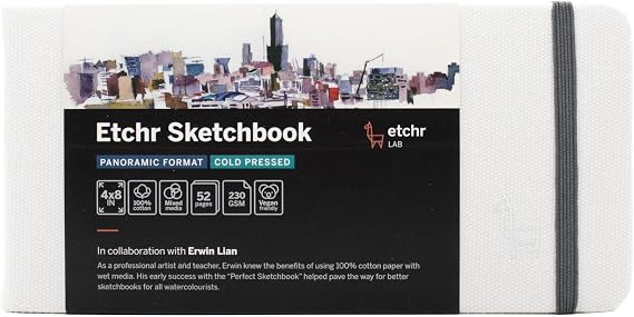Etchr Panorama Sketchbook - Cold Press Mixed Media 100% Cotton - Hardcover Sketchbook 4x8 with 52 Pages - Sketch Pad with Customizable Cover