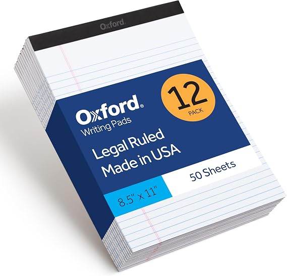 Oxford 8.5 x 11 Inch Legal Pads, 12 Pack, Wide Ruled on Both Sides, White Lined Paper, 50 Perforated Sheets per Pad, Made in the USA (74030)