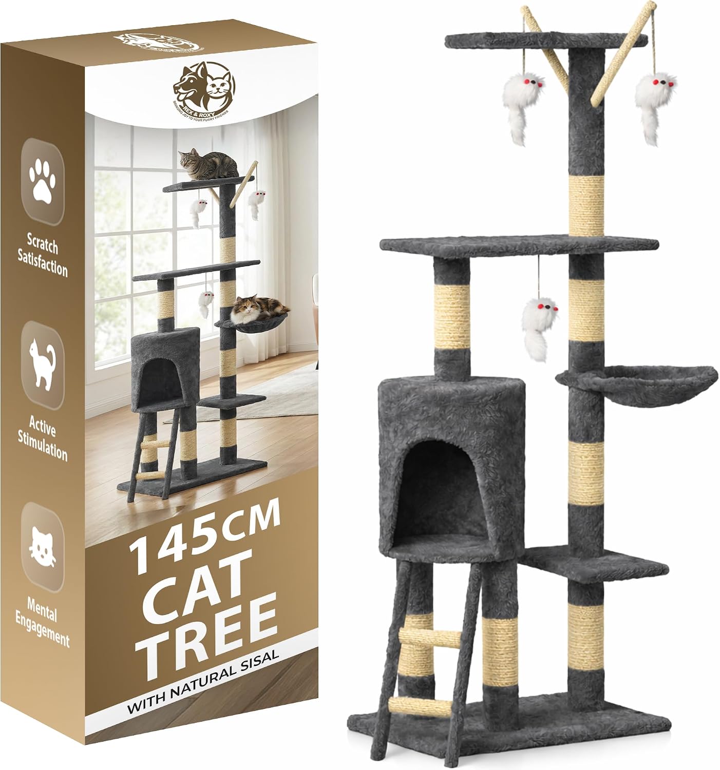 Rex & Roxy Cat Tree, 145cm Cat Scratching Post Multi-Level Stable Climbing Tower with Ladder, Indoor Pet Activity Furniture Play House for Kitty Kitten